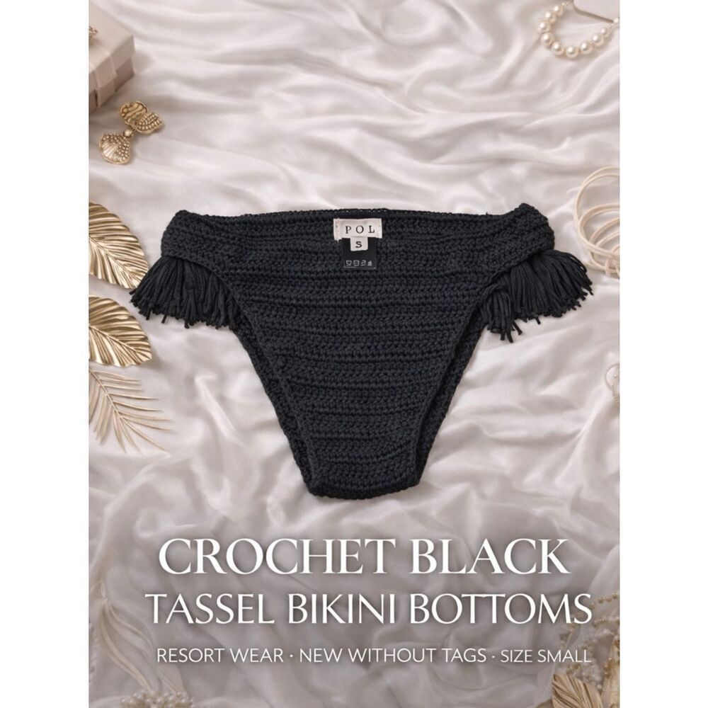 POL Crochet Bikini Bottoms Black Tassel Trim Size S Resort Boho NEW